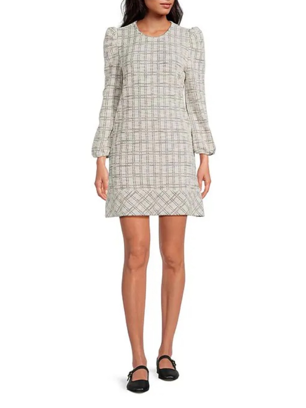 NWT Buru Knit Checker Long Puff Sleeve Shift Mini Dress Sz S